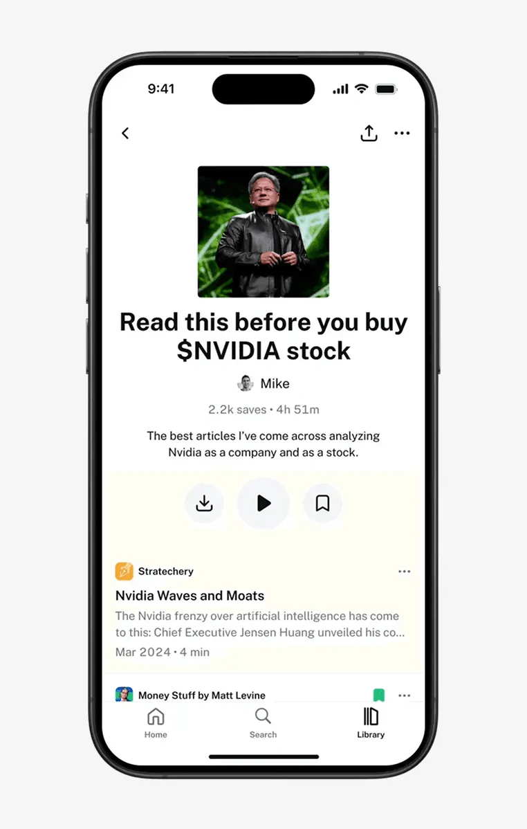 Perch saved collection screen titled 'Read this before you buy $NVIDIA stock'