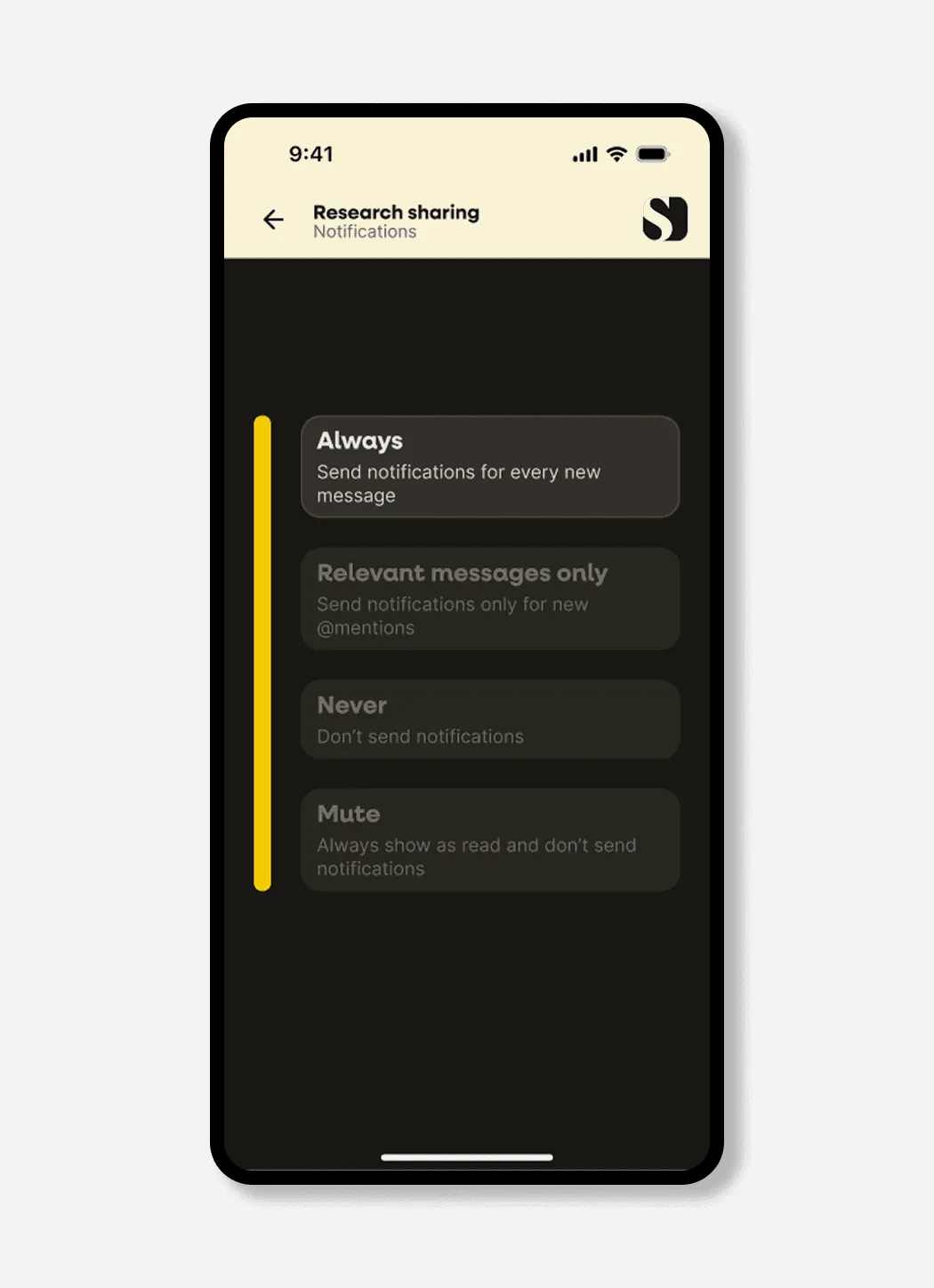 Filament notifications screen with options for always, relevant messages only, never, and mute