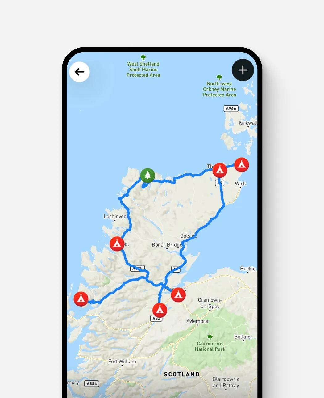 Campy route planner map showing campsites and a multistop driving route in Scotland
