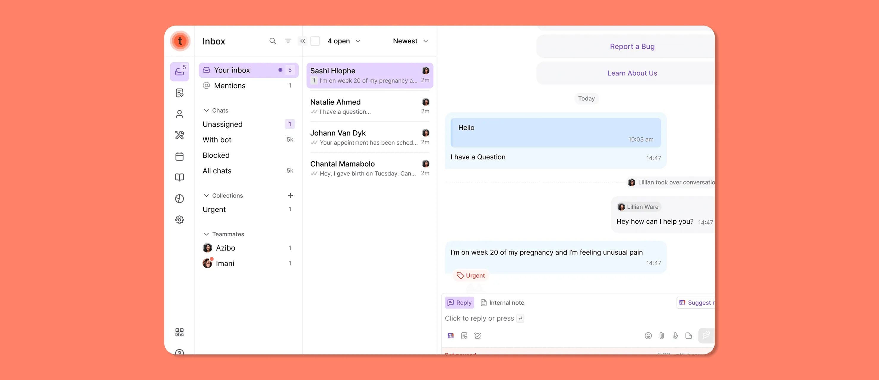 Turn.io inbox screen with patient chats and an urgent pregnancy message open in the conversation pane