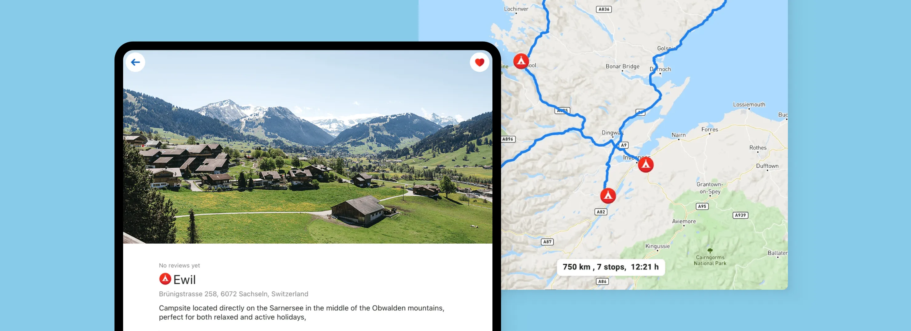 Campy campsite detail screen beside a route map with seven stops