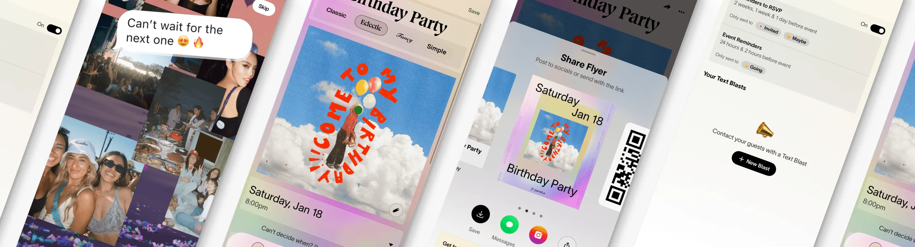 Partiful app gallery showing event collage, invite design, flyer sharing, and text blast screens