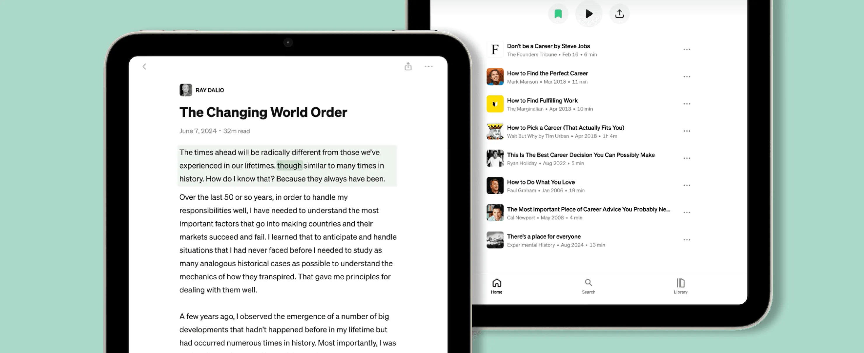 Tablet mockup showing the Perch reader on the left and an article library list on the right