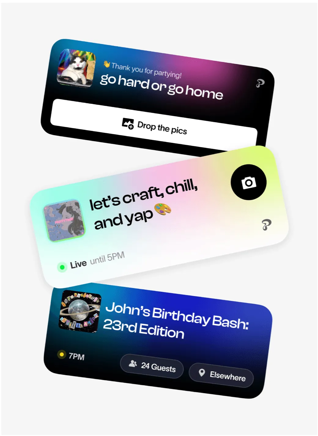 Partiful event cards with colorful gradients for photo sharing, live drop-ins, and a birthday event with guest and location details