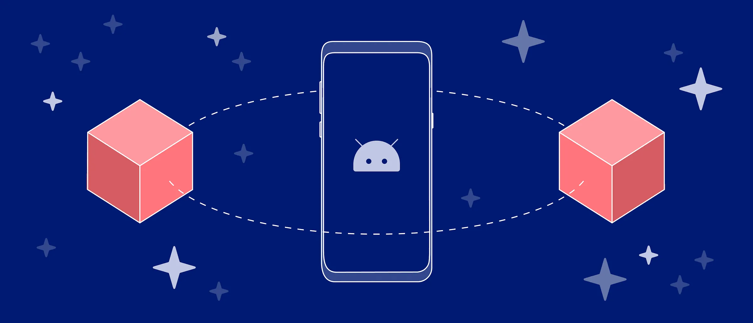 Android phone connected by dotted lines to pink 3D cubes on both sides