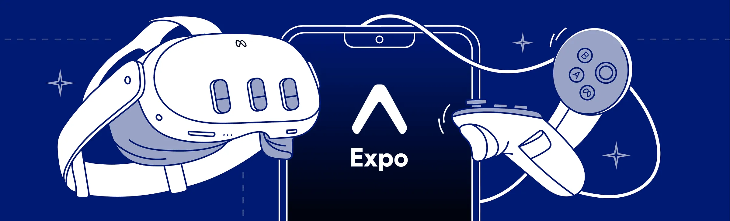 Meta Quest headset and controller in front of a phone with the Expo logo