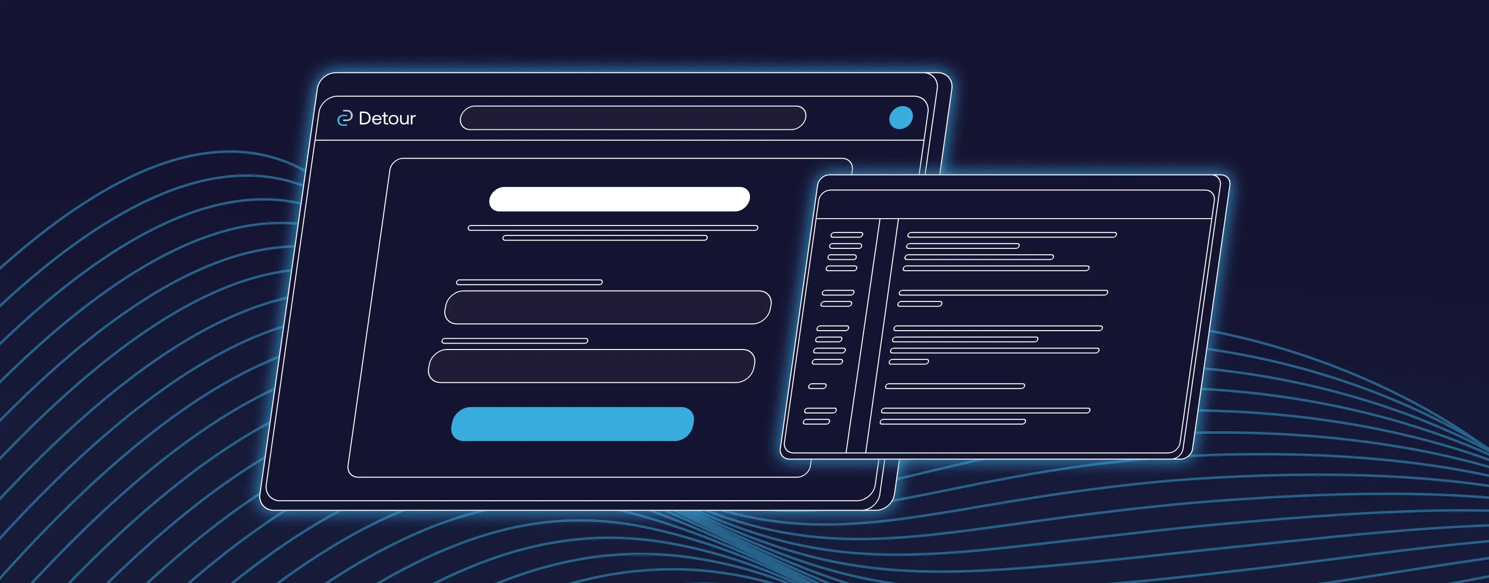 Detour web app illustration with layered browser windows on a dark blue background
