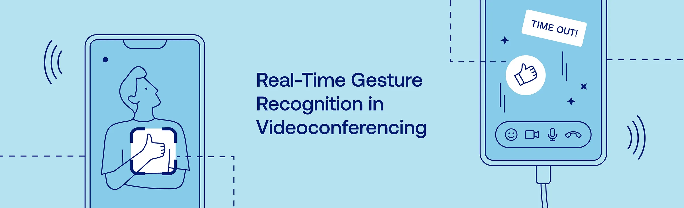 Videoconferencing illustration showing a person on a phone screen making a thumbs-up gesture for real-time recognition
