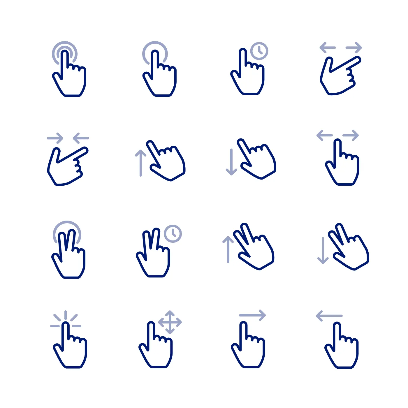 Grid of hand gesture icons for taps, swipes, and long presses