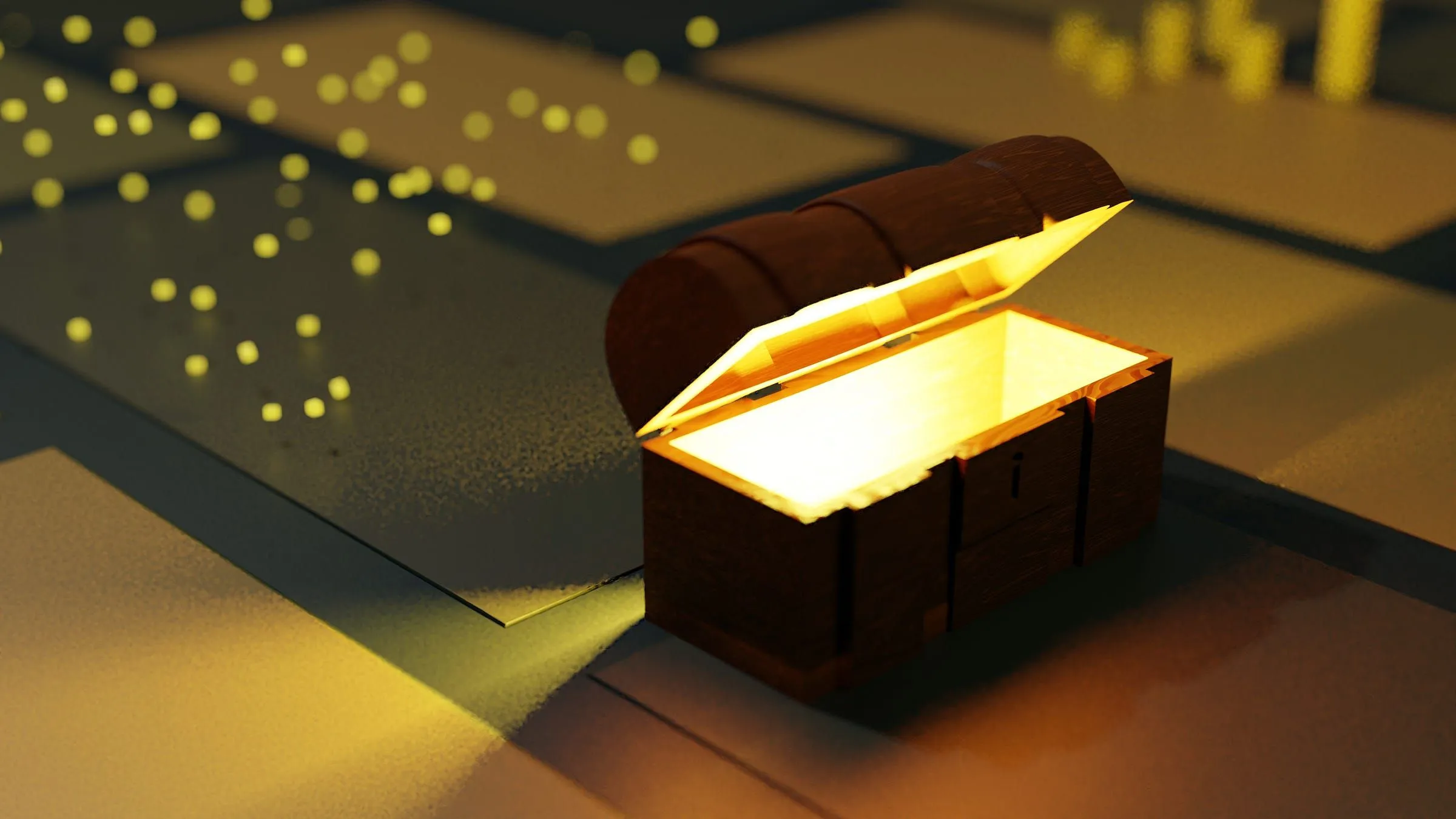 Open glowing treasure chest with floating lights
